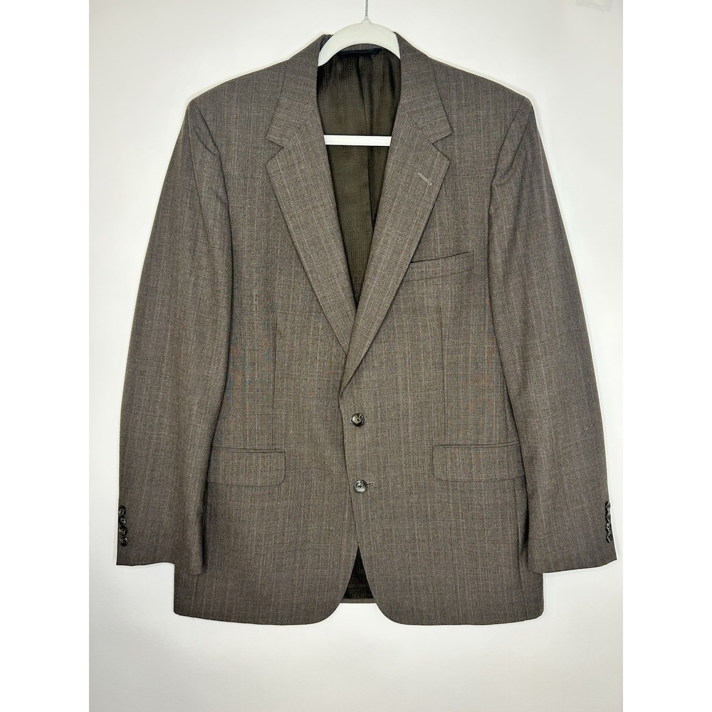 VTG Halston 2pc Suit 40R Gray Brown Plaid Blazer Pants Nudelmans 70s Cinch Waist